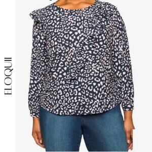 ELOQUII Animal Print Ruffle Trim Blouse, 16